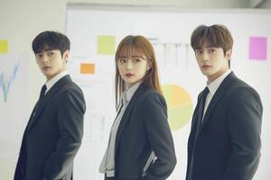 Three young professionals in suits standing confidently in a modern office environment during a business presentation session photo