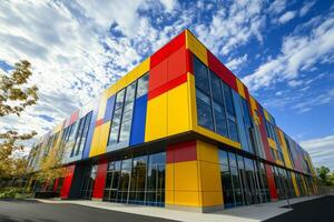 Colorful modern building with large windows stands against a vibrant sky and showcases contemporary architectural design in a lively urban setting photo