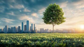 Urban landscape features a single tree against a skyline at sunset casting a warm glow over the green grass photo