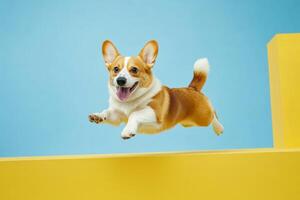Happy corgi jumps over a bright yellow block against a blue background, showcasing playful energy and excitement photo