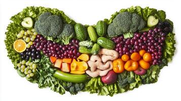 Colorful arrangement of fresh vegetables and fruits on a white background showcasing healthful eating photo