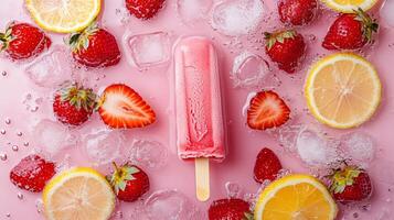 Refreshing strawberry lemon popsicle on a bed of ice with fresh fruits arranged beautifully photo
