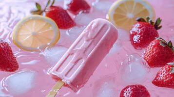 Refreshing summertime popsicle surrounded by strawberries and lemon slices in icy pink bowl photo