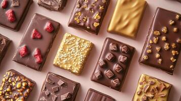 Assorted chocolate bars with various flavors and toppings displayed on a neutral background for a tempting treat photo