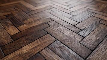 Detailed view of herringbone patterned wooden flooring showcasing rich texture and natural hues in a well-lit setting photo