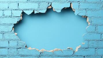 Vivid blue wall with a large break exposing the texture behind it and creating an interesting focal point photo