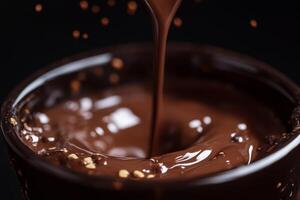 A warm drink of melted chocolate poured into a dark cup, set against a smooth black backdrop, evoking a cozy atmosphere photo