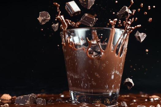 Warm drink with melted chocolate splashing against a black backdrop, inviting indulgence during a cozy evening photo