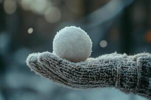 A close-up of a gloved hand holding a snowball during a peaceful winter day in a serene, snowy landscape photo
