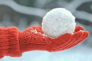 A close-up of a hand holding a snowball in a knitted glove during winter surrounded by serene snowy landscapes photo