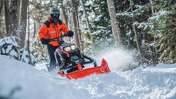 Homeowner clears a narrow path in the snowy yard using a small snowblower on a winter day photo
