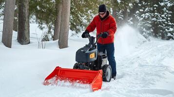 Homeowner clears a snow-covered path using a small snowblower in a serene winter landscape surrounded by trees photo