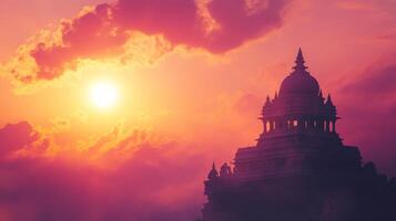 Silhouette of an Indian temple against a vibrant sunset sky with hues of orange and purple creating a stunning backdrop for reflection photo