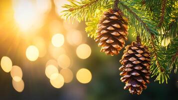 Golden sunrise light illuminates pine cones on tree branch against a vibrant green backdrop at morning photo
