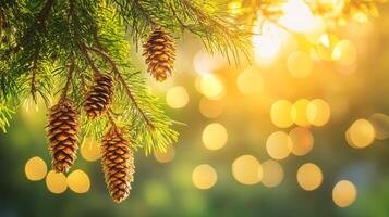 Golden sunrise light illuminating pine cones on a tree branch with a lush green background in a tranquil setting photo