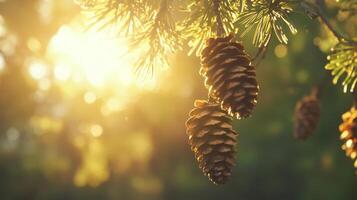 Pine cones glistening in the golden sunlight of dawn against a vibrant green backdrop in a serene forest setting photo