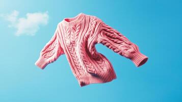 A vibrant pink knitted sweater floats gracefully against a clear blue sky, showcasing its soft texture and intricate design photo