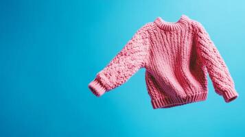 A pink knitted sweater floats effortlessly against a vivid blue background, showcasing its cozy texture and playful design photo