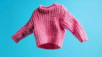 A vibrant pink knitted sweater suspended in mid-air against a bright blue background showcasing its unique texture and color photo