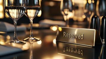 Elegant reserved sign in metallic gold on a modern restaurant table with wine glasses reflects warm ambient lighting photo