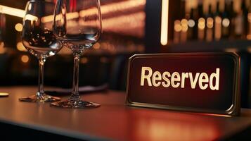 Reserved sign in metallic gold reflecting light on a modern restaurant table with wine glasses during an elegant dining experience photo