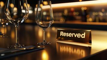 A metallic gold reserved sign reflecting light on a modern restaurant table with wine glasses during an elegant dining experience photo