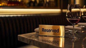Elegant reserved sign in metallic gold on a modern restaurant table with wine glasses during an evening dining experience photo