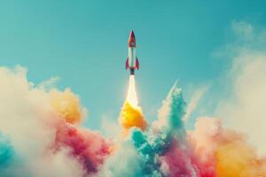 Vibrant rocket launching into a clear sky, surrounded by colorful smoke at a daytime event photo