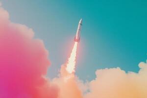 Rocket launch into a clear sky with vibrant colors against a bright backdrop at sunrise, showcasing powerful ascent and dynamic motion photo