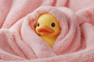 A playful rubber duck wrapped snugly in a soft pink towel for a cozy bath time experience photo