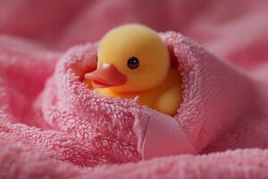 A cheerful rubber duck wrapped snugly in a pink towel during a playful bath time, evoking delightful childhood memories photo