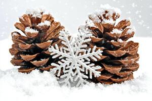 Snow-covered pinecones surrounded by delicate snowflakes on a white backdrop capturing the beauty of winter's touch in nature photo