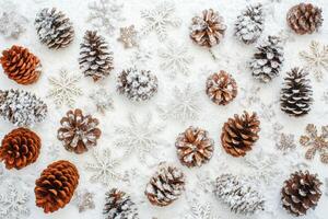 Snow-covered pinecones and delicate snowflakes resting on a pristine white background during winter's embrace photo