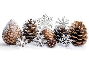 Snow-covered pinecones and snowflakes create a winter wonderland on a bright white background capturing the essence of the season photo