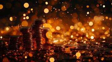Stacks of shimmering coins on a festive background with vibrant bokeh lights creating a warm, celebratory atmosphere photo