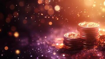 Shiny stacks of coins gleaming against a festive background for celebrations and special occasions photo