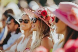 Stylish crowd enjoying the vibrant atmosphere of the Spring Racing Carnival in a beautiful garden setting under sunny skies photo