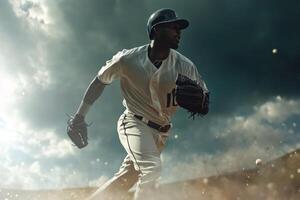A professional baseball player sprints through the energetic stadium during an intense game photo