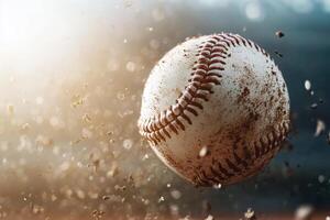 Dynamic moment of a baseball in mid-air during an exciting game at a vibrant stadium under bright lights photo