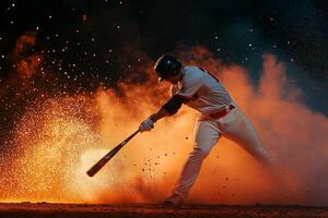 A professional baseball player swings fiercely at the ball during a thrilling evening game in a packed stadium surrounded by excitement photo
