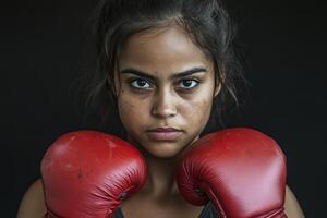 Young girl in red boxing gloves exudes determination and strength during an indoor training session focused on empowerment photo