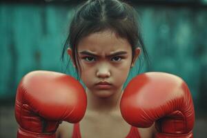 A young girl wearing red boxing gloves shows determination and strength while preparing for her training session outdoors photo