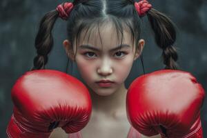 A young girl in red boxing gloves displays determination and strength while preparing for a workout in a gym setting photo