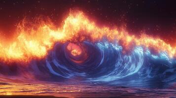 Fiery ocean wave at night, fiery vortex, abstract art photo