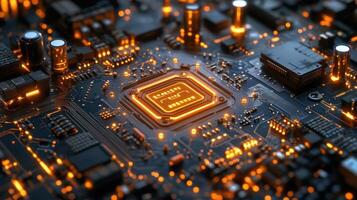 Glowing CPU on circuit board, technology background, data processing photo