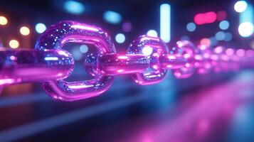 Glowing chain links, city night background, security concept photo