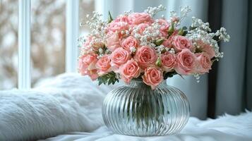 Pink roses bouquet in glass vase, window background, cozy room, romantic setting, Valentine's Day photo