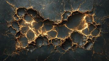 Glowing cracks in dark stone, abstract background, texture design photo