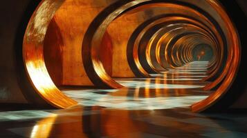 Abstract orange metallic tunnel, futuristic architecture, reflective floor, background light photo