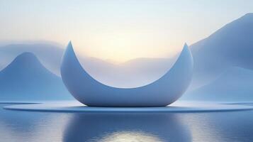 Crescent moon stage sunrise mountain lake, product display photo
